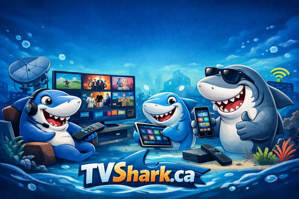 IPTV subscription supporting all devices with cartoon sharks using TV, mobile, tablet and streaming setup by TVShark